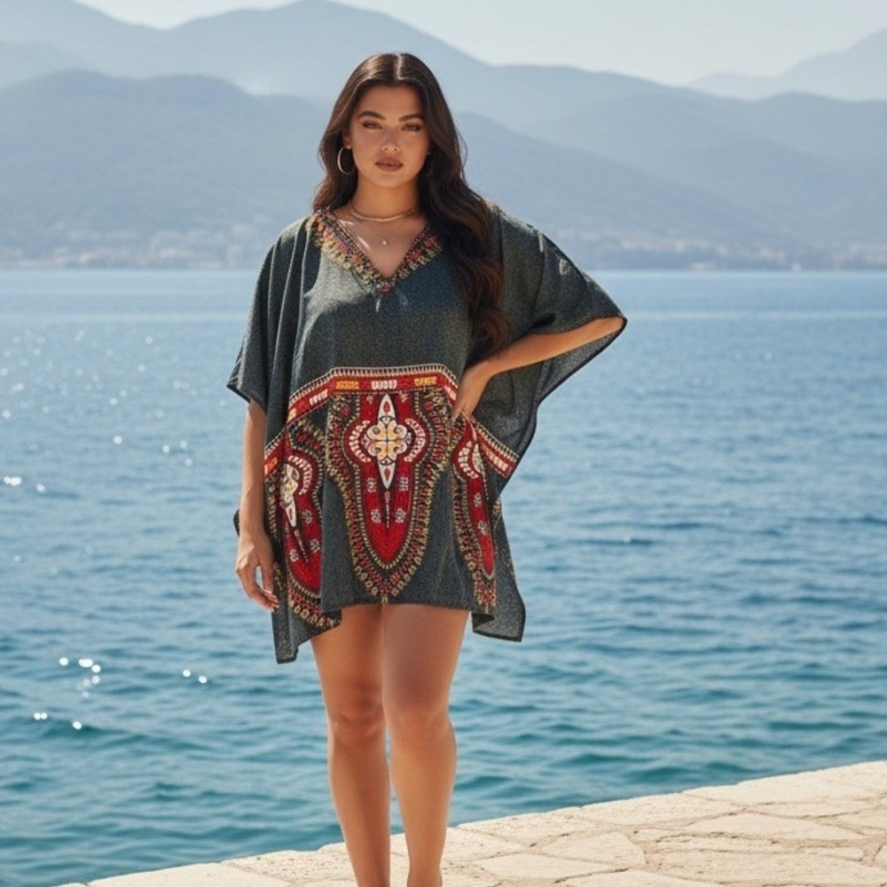 California Woman Multicolor Poncho Style Top Free Size‎ Plus Size Beaded NWT